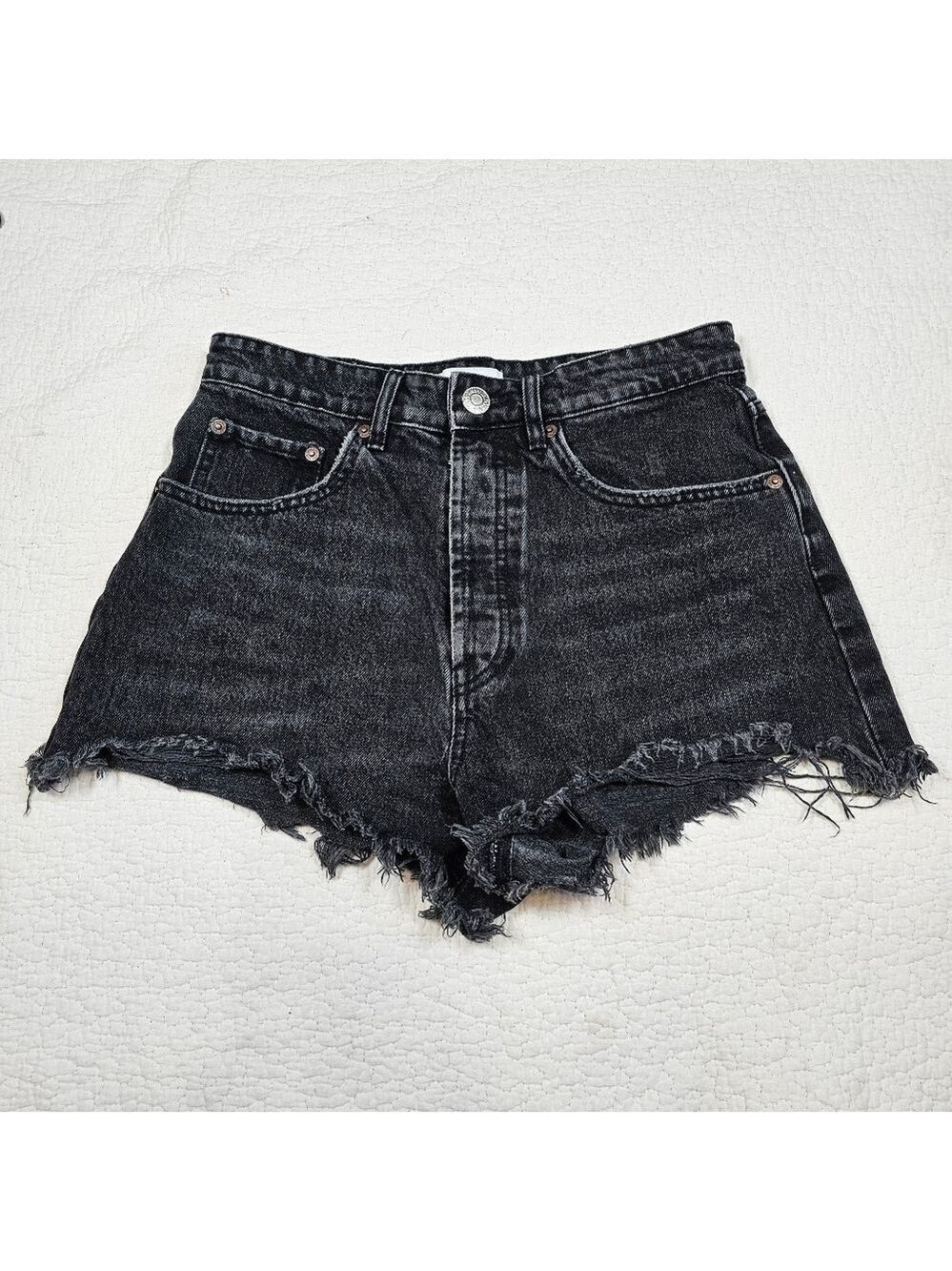 Zara Dark Grey Frayed High Rise Denim Shorts